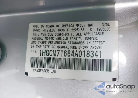 2004 Honda Accord 2.4 Ex z USA, uszkodzony, nr VIN 1HGCM71664A018341